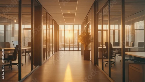 Modern Office Hallway with Glass Walled Rooms at Sunset