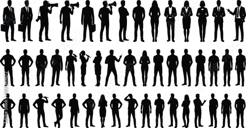 Business people silhouettes collection professional men and women standing poses leadership teamwork career corporate roles isolated white background illustration set