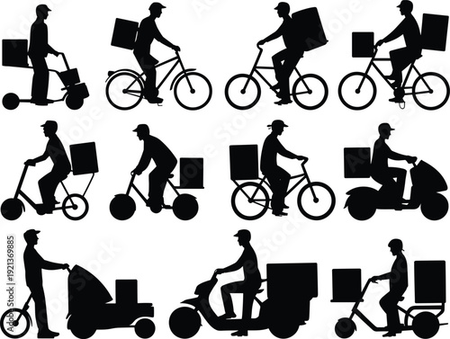 Delivery personnel silhouettes, scooters bicycles mopeds, urban transport service, courier job flat vector
