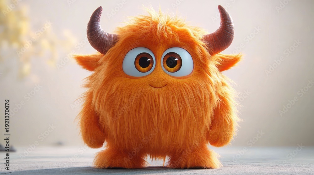 Fototapeta premium friendly fluffy orange horned creature with big round eyes and a warm smile standing on a soft surface