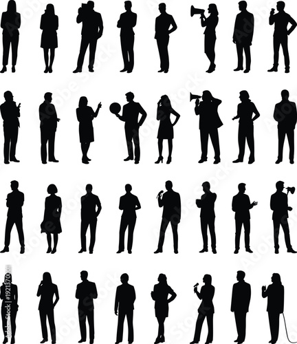 Business people silhouettes set with men and women standing posing speaking announcing gestures isolated on white background vector illustration collection professional concepts