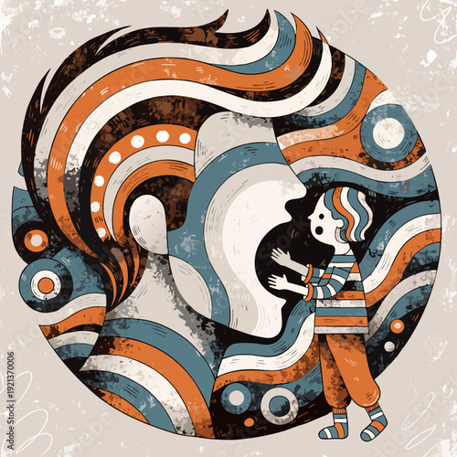 Abstract father and son profile, circular generational connection, paternal guidance concept, stylized male silhouette, artistic family heritage, creative concentric portrait, symbolic nurturing 