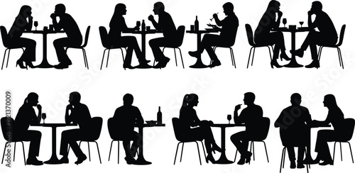 Couples dining silhouettes restaurant café drinking eating illustration design flat vector