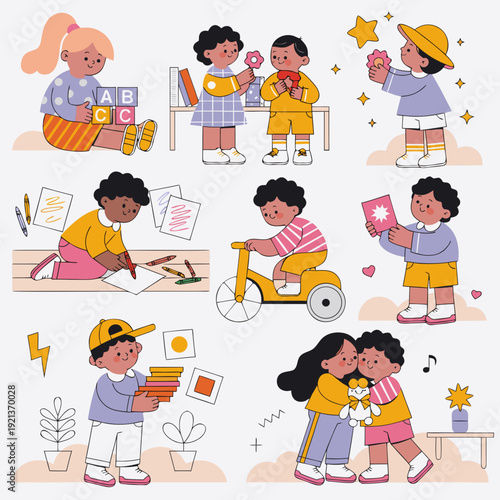 Diverse children activities set, preschool learning collection, kids playing and drawing, tricycle riding illustration, childhood friendship vignettes, educational play moments, whimsical character sk