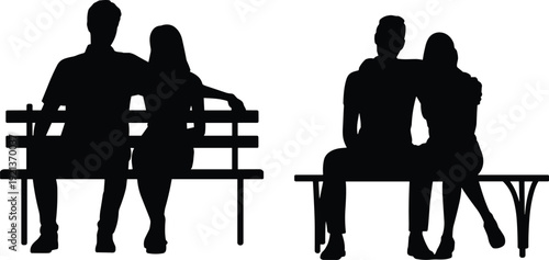 Couple sitting bench silhouettes flat vector, people lifestyle love companionship outdoor scene
