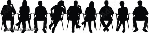 Silhouettes of diverse people sitting in chairs, audience waiting in row isolated on white background business meeting concept