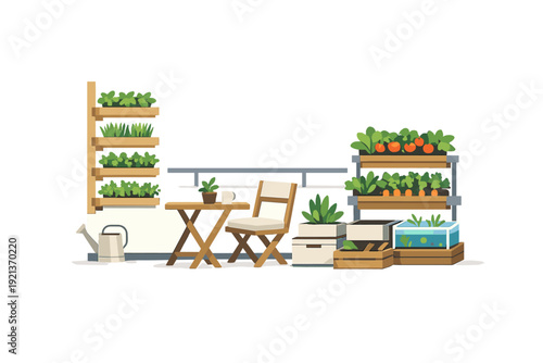 Cozy balcony garden seating area with vertical planters and vegetable containers, urban terrace gardening