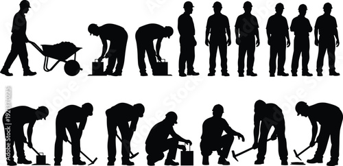 Construction worker silhouette labor teamwork tools building site flat vector