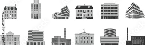 Monochrome architectural building icons and city structures collection, vintage house, modern office, courthouse, industrial factory silhouettes on white background set
