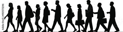 Silhouettes of diverse business people walking in a row isolated on white background corporate concept