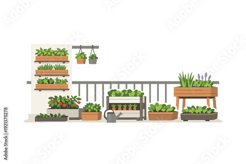 Balcony container garden with raised beds and vertical planters, urban home gardening illustration