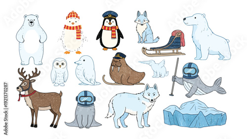 Arctic Animal Cartoon Collection: a vibrant collection of cartoon animals, each uniquely depicted with detailed features, ready to bring joy and wonder to any project. 