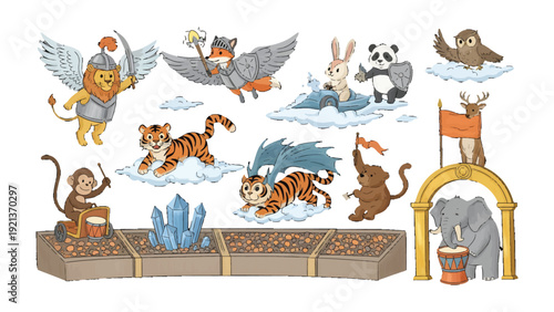 Fantasy Animal Parade: A whimsical illustration of a parade of fantasy animals, each with unique features, showcasing a creative and imaginative scene.