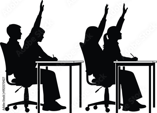 Classroom silhouettes students writing raising hands learning illustration design flat vector