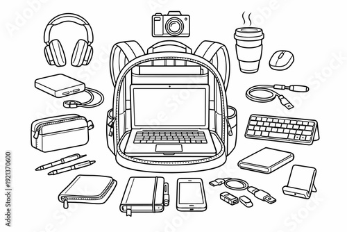 Backpack with school and travel gear line art set, student essentials and everyday items illustration
