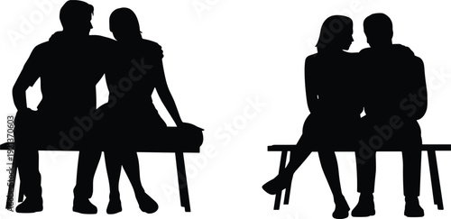Couples sitting on benches silhouette, romantic posture closeness love interaction flat vector