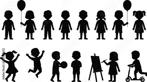Children silhouettes set with kids standing playing jumping holding balloons drawing riding scooter isolated black vector illustration collection for childhood activity concepts
