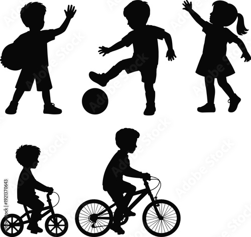 Children sports activity silhouettes flat vector, kids lifestyle play recreation outdoor movement scene