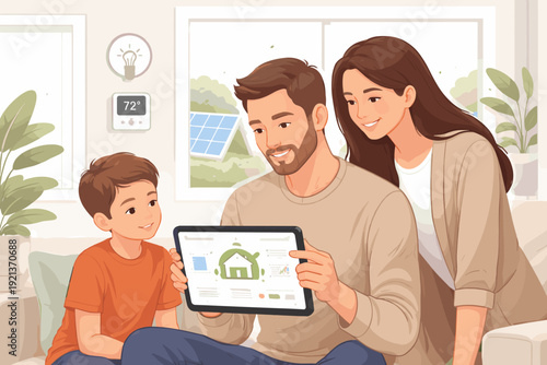 Family checking smart home energy usage on tablet, home electricity monitoring illustration