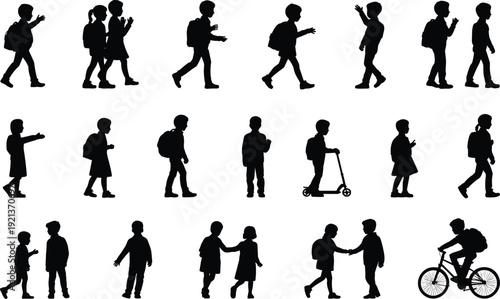Children silhouettes walking, playing, riding scooter, bicycle, school activities, flat vector