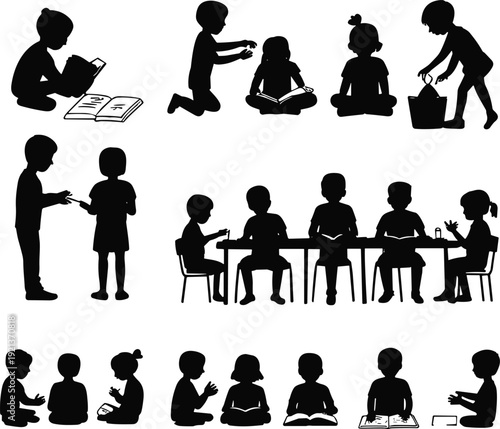 Children silhouettes learning, reading, group discussion, social interaction, education teamwork flat vector