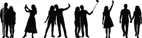 Couples silhouettes taking selfies and walking together showing love romance relationship travel lifestyle isolated on white background people illustration set modern concept