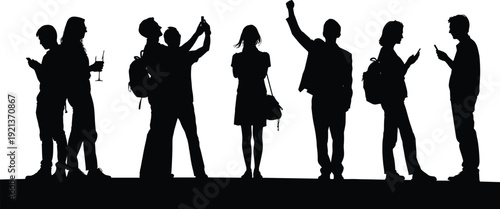 Silhouettes of diverse people using smartphones and celebrating isolated on white background social lifestyle concept