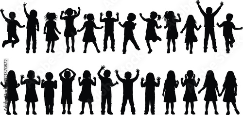 Children silhouettes jumping standing playful activity movement illustration design flat vector
