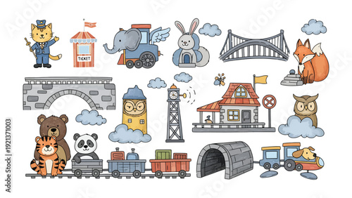 Playful Cartoon Character Illustration: A whimsical collection of cartoon animals and buildings, including an elephant train, rabbit house, owl clock tower, fox, bear, and other delightful elements.