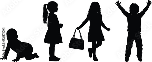 Children silhouette growth stages crawling walking jumping development flat vector