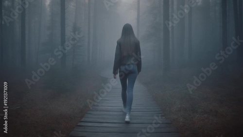 Woman Walking on Wooden Path in Misty Forest