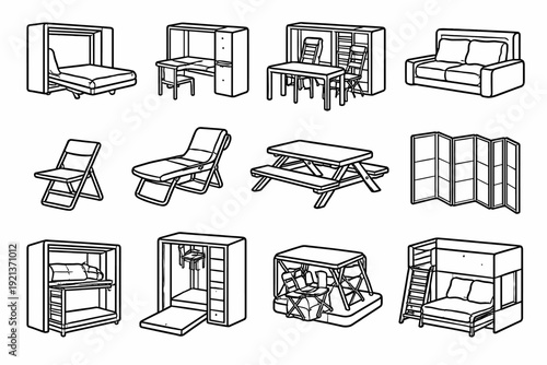 Transforming multifunctional furniture set with folding beds, tables and compact space saving solutions line art
