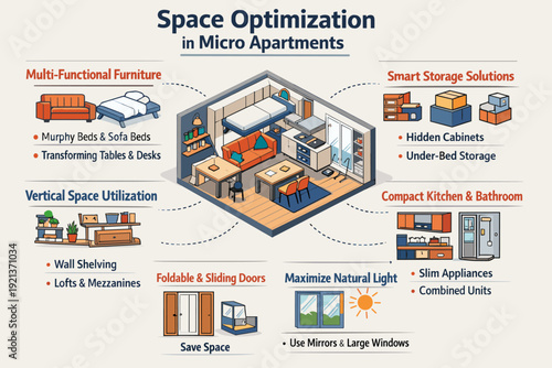 Space optimization in micro apartments infographic, smart storage and compact living solutions