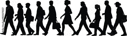 Silhouettes of diverse people walking in a row isolated on white background urban lifestyle conceptSilhouettes of diverse people walking in a row isolated on white background urban lifestyle concept