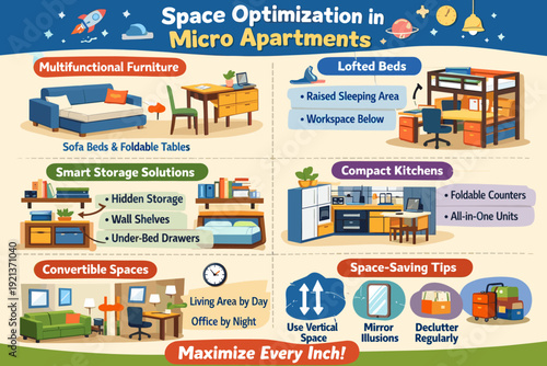 Space optimization in micro apartments infographic, multifunctional furniture and small living solutions