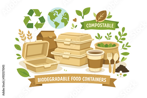 Biodegradable food containers and compostable packaging illustration, eco friendly takeaway