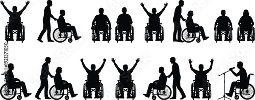 Disabled people silhouettes in wheelchairs showing support assistance independence celebration activities isolated on white background inclusive society accessibility teamwork care concept
