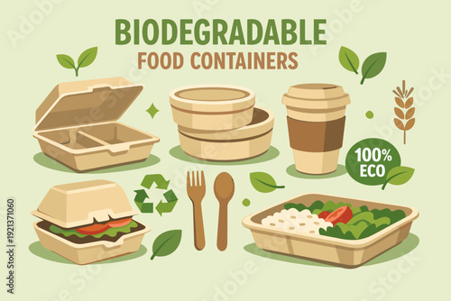 Biodegradable food containers illustration, eco friendly takeaway packaging and compostable tableware