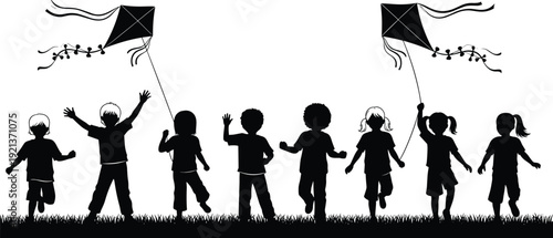 Children silhouette flying kites outdoor play joyful activity flat vector