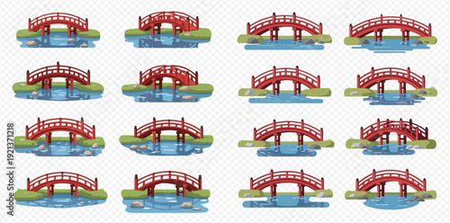 Set of traditional red Japanese arched bridges over water vector illustrations.