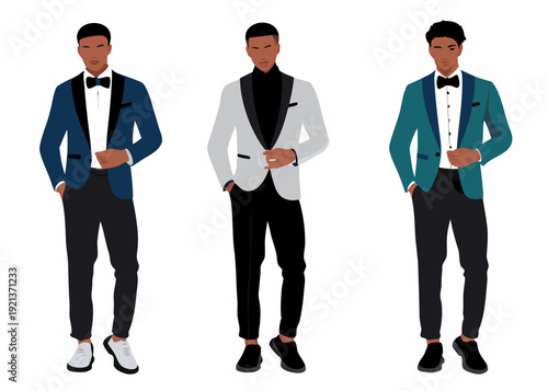 Three men in suits a fashion illustration showcasing different jacket colors