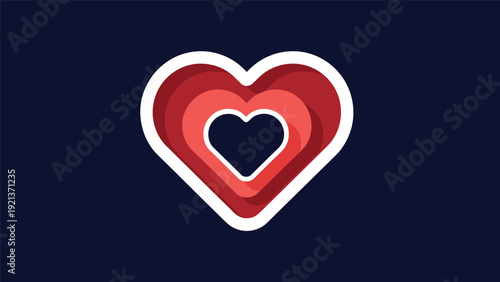 Concentric red hearts with varying shades layered to create a depth effect set against a solid dark navy blue background.