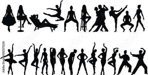 Dynamic dancer silhouettes collection showing ballet modern dance poses fitness movement and artistic performance isolated on white background for creative design projects