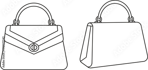 Handbag technical illustration set, front and side views with flap closure, clasp detail, rounded handle, fashion accessory artwork, flat vector illustration
