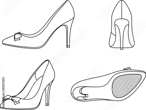 High-heeled shoe technical illustration set, side, rear, bottom, and angled views with bow detail, pointed toe, stiletto heel, footwear design artwork, flat vector illustration