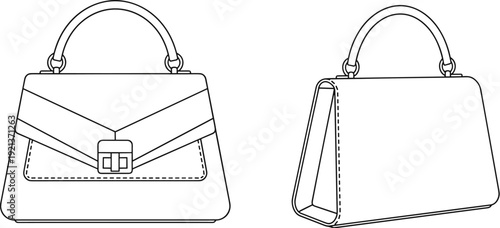 Handbag technical illustration set, front and side views with flap closure, rectangular clasp, stitching details, structured design artwork, flat vector illustration