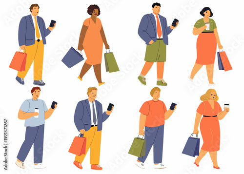 Diverse group of people shopping and using smartphones in public