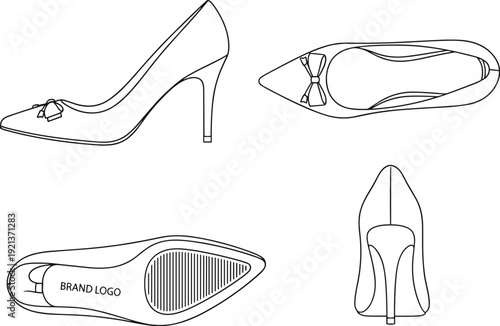 High-heeled shoe technical illustration set, side, top, bottom, and rear views with bow detail, pointed toe, footwear design artwork, flat vector illustration