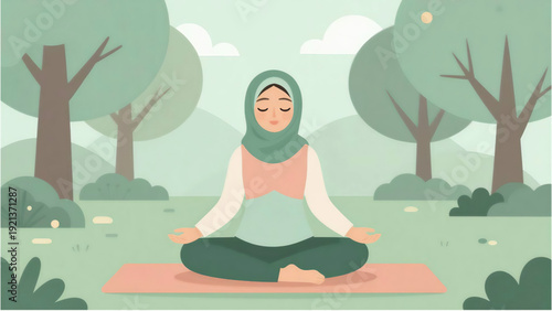 A serene woman in hijab meditating in a peaceful outdoor setting