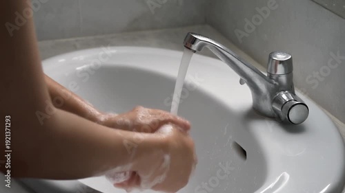 Washing Hands with Soap under Running Water in Bathroom Sink